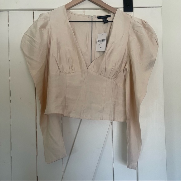 Nwt Forever 21 plunging v-neck tan bubble puff statement sleeve medium b… - Picture 5 of 8